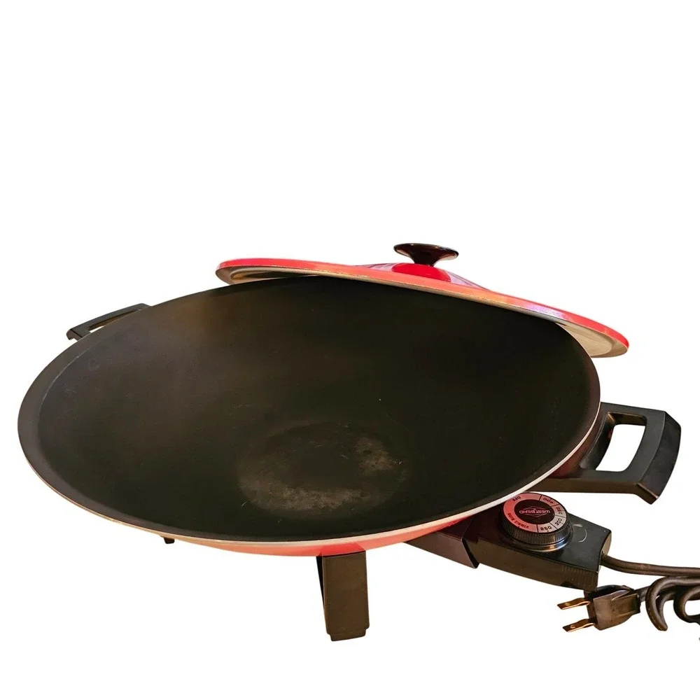 MCM 70s West‎ Bend Electric Wok Red Vintage 5109 1000W Non-Stick 14 Inch Lid USA